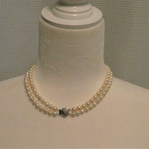 Double Strand Cultured Pearls With Silver Finesse Clasp, Good Luster 5 mm pearls - Picture 2 of 9